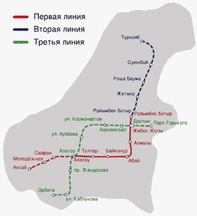 Схема линий Алматинского метрополитена