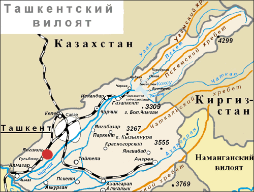Фрагмент карты Ташкентской области Узбекистана
