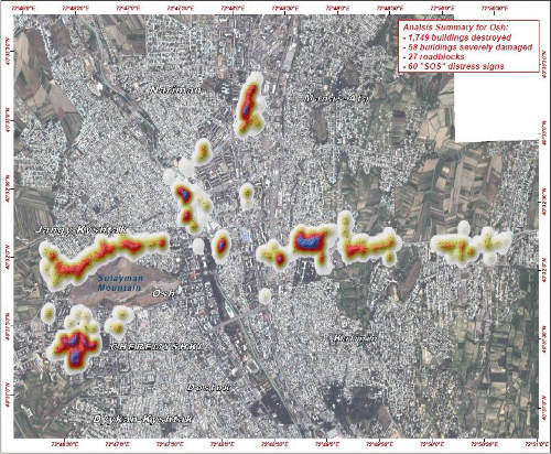 Карта пострадавшего Оша с указанием мест наибольших разрушений